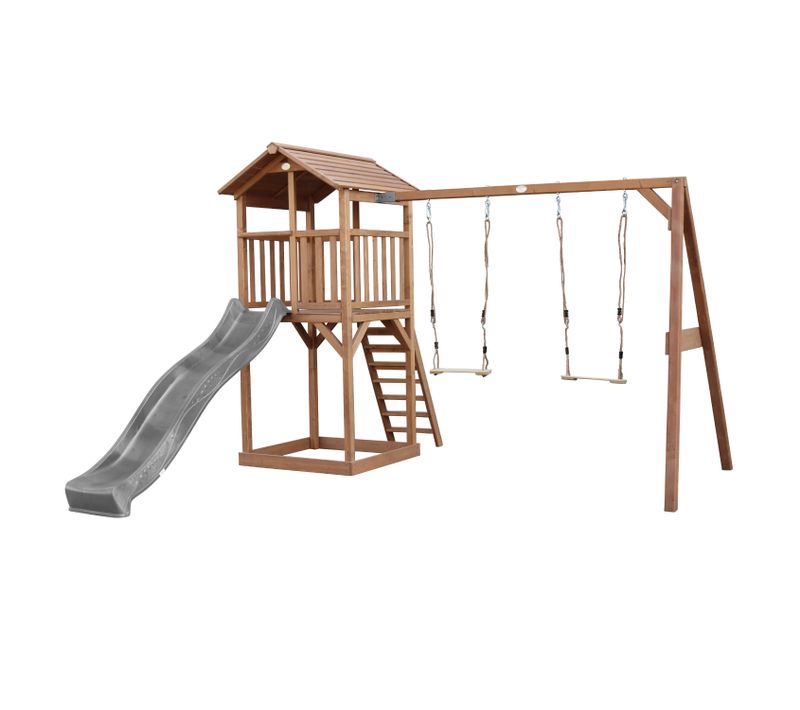 Beach Tower Aire De Jeux Avec Toboggan En Gris, 2 Balançoires et Bac à Sable - Grande Maison