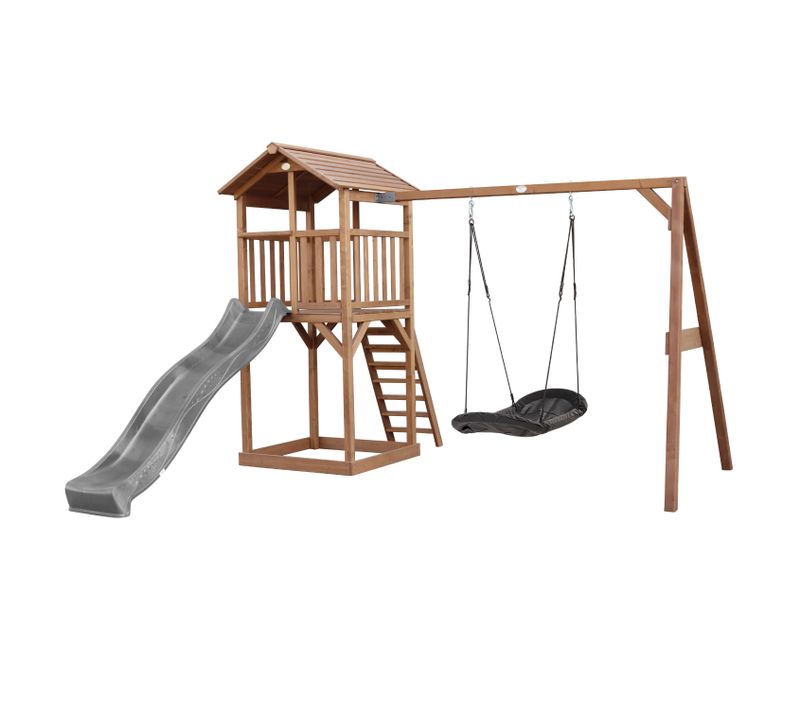 Beach Tower Aire De Jeux Avec Toboggan En Gris, Balançoire Nid D'oiseau Noir et Bac à Sable -