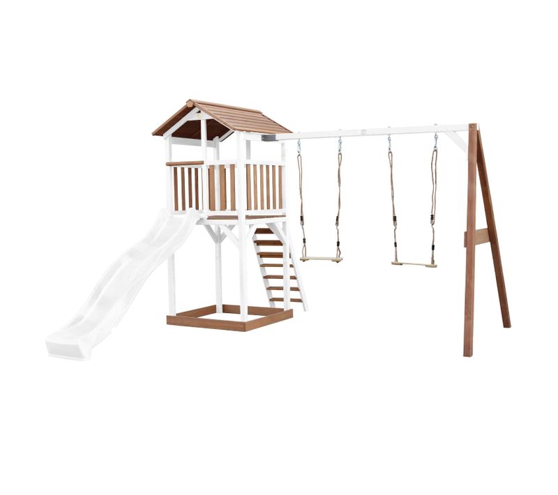 Beach Tower Aire De Jeux Avec Toboggan En Blanc, 2 Balançoires et Bac à Sable - Grande Maison