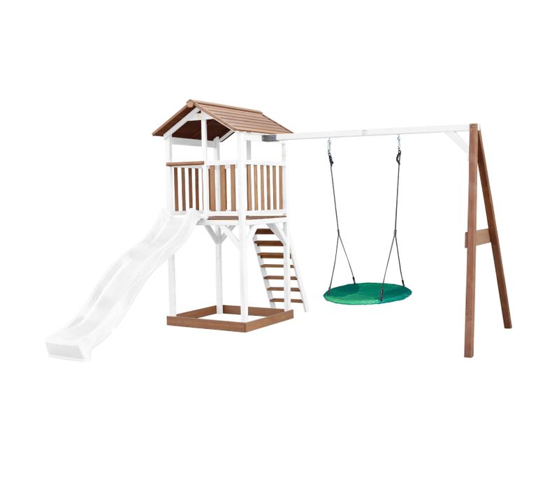 Beach Tower Aire De Jeux Avec Toboggan En Blanc, Balançoire Nid D'oiseau Vert et Bac à Sable -