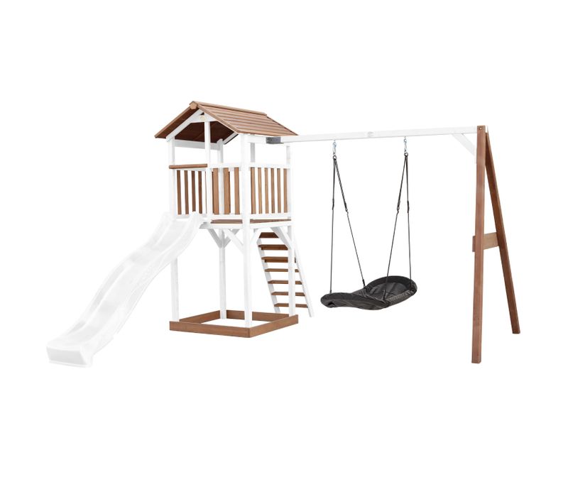 Beach Tower Aire De Jeux Avec Toboggan En Blanc, Balançoire Nid D'oiseau Noir et Bac à Sable -