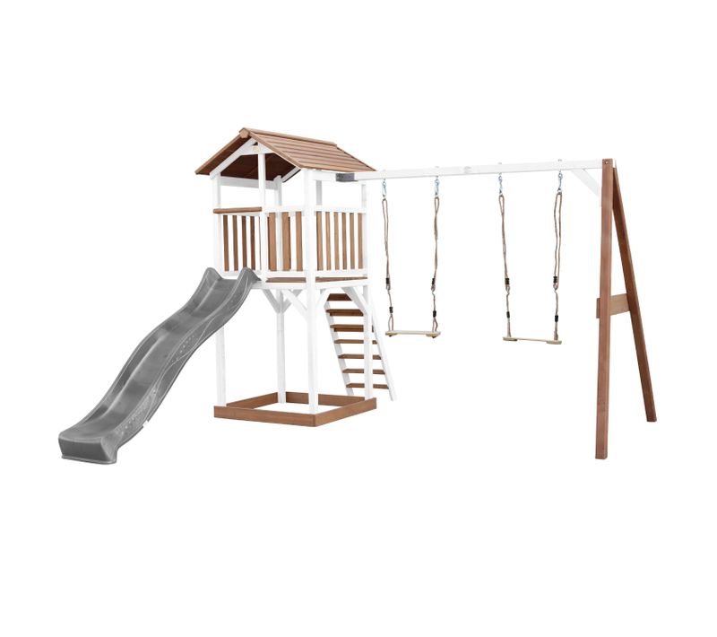 Beach Tower Aire De Jeux Avec Toboggan En Gris, 2 Balançoires et Bac à Sable - Grande Maison