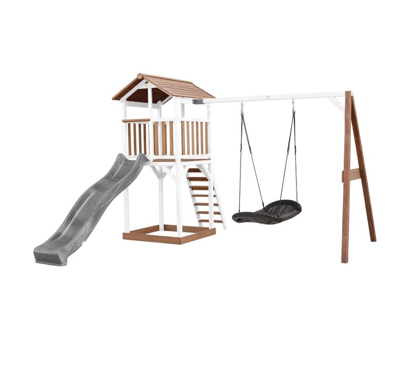 Beach Tower Aire De Jeux Avec Toboggan En Gris,  Balançoire Nid D'oiseau Noir et Bac à Sable -