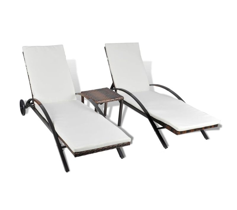 Chaises Longues Avec Table Et Coussins En Polyrotin Marron, Dossier Réglable