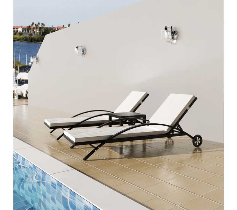 Duo De 2 Chaises Longue Avec Table Basse - 200x65x39 Cm - Noir