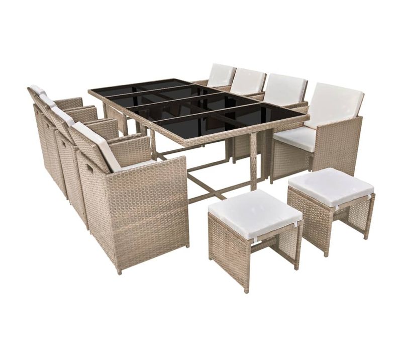 Salon De Jardin Encastrable Avec Coussins 13 PCs Rotin Beige