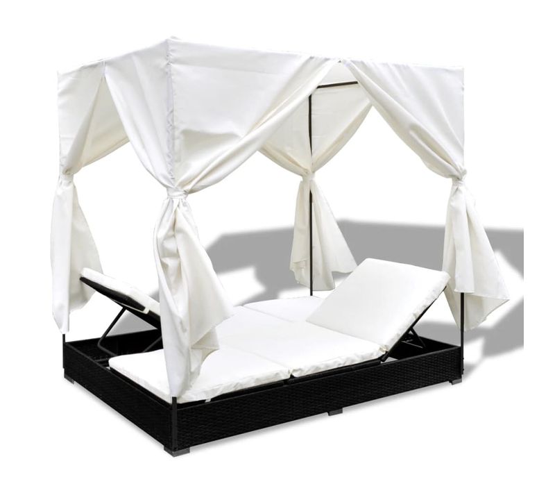 Chaise Longue D'extérieur Avec Rideaux Résine Tressée Noir