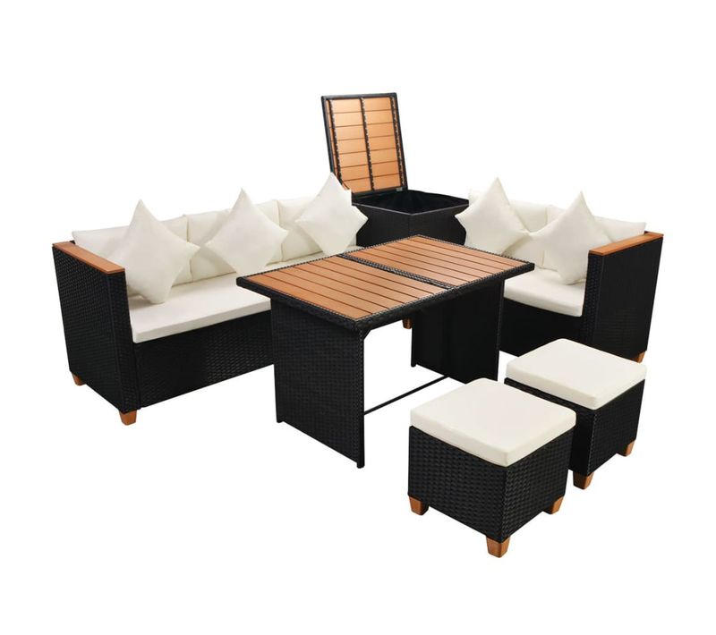 Salon De Jardin 7 PCs Avec Coussins Résine Tressée Noir