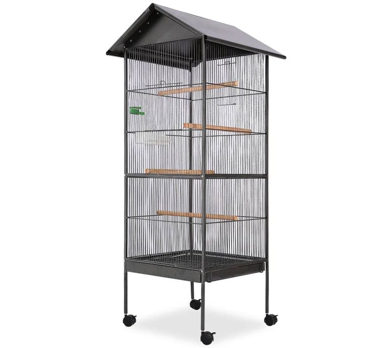Cage À Oiseaux Aériens En Acier Avec Toit Roulettes Et Plateaux De Nourriture Noir 66x66x155cm