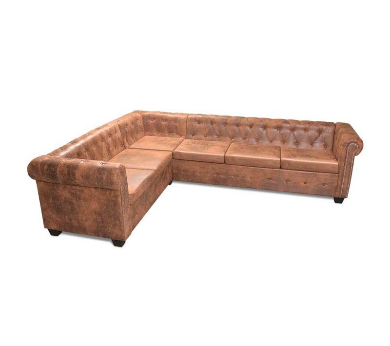 Canapé D'angle Chesterfield 6 Places Cuir Artificiel Marron