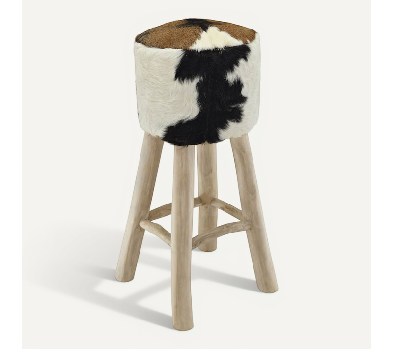 Tabouret De Bar Cuir De Chèvre Et Bois De Teck Solide