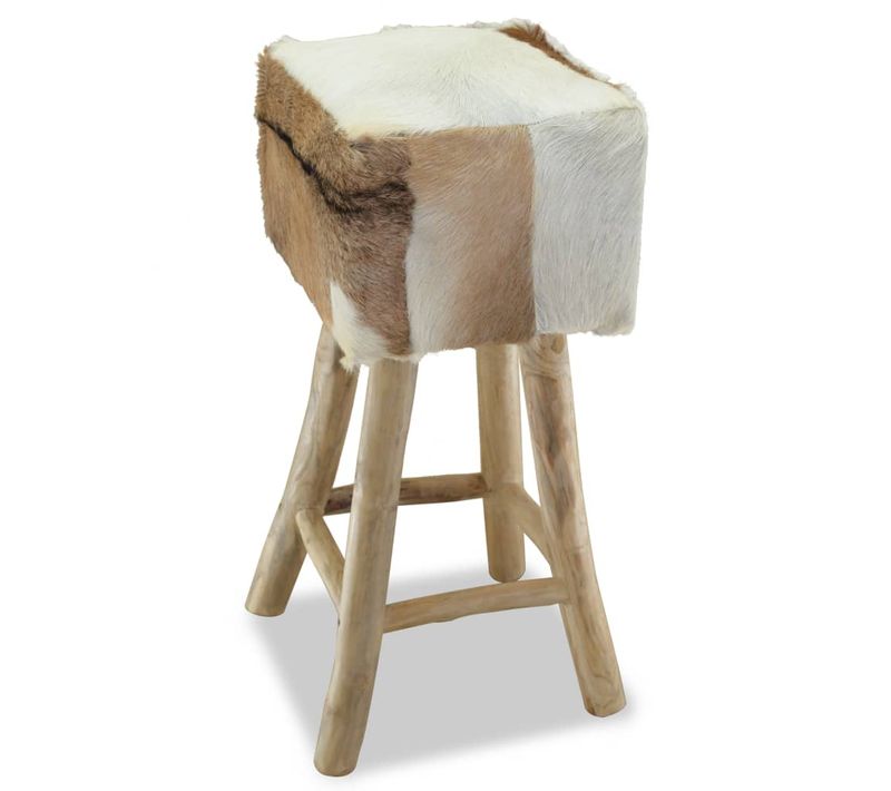 Tabouret De Bar Cuir Véritable Et Bois De Teck Solide