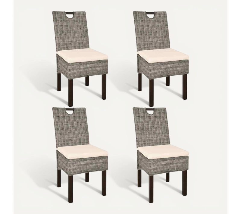 Lot De 4 Chaises À Manger Rotin Et Bois De Manguier Naturel, Coussins Blancs