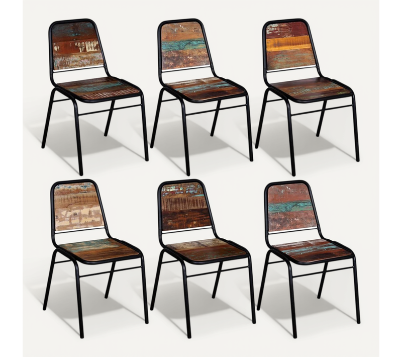 Lot De 6 Chaises À Manger Bois Massif Recyclé Multicolore Acier Thermolaqué