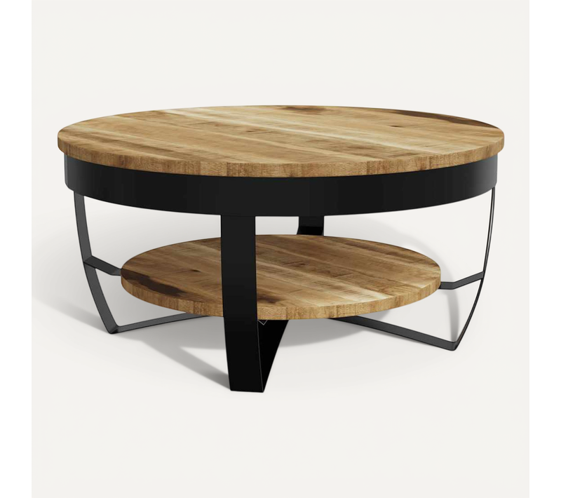 Table Basse Ronde En Manguier Brut Massif Avec étagère, Diamètre 65 Cm