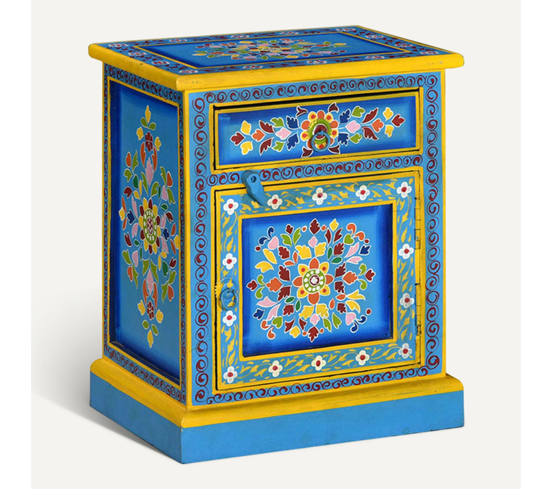 Table De Chevet Bois De Manguier Turquoise Peinture À La Main
