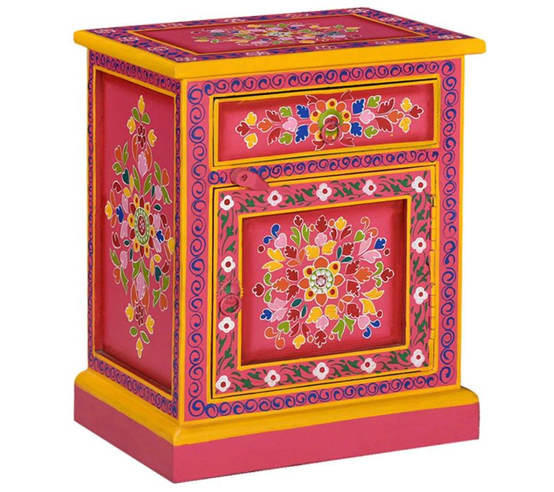 Table De Chevet Bois De Manguier Massif Rose Peinture À La Main