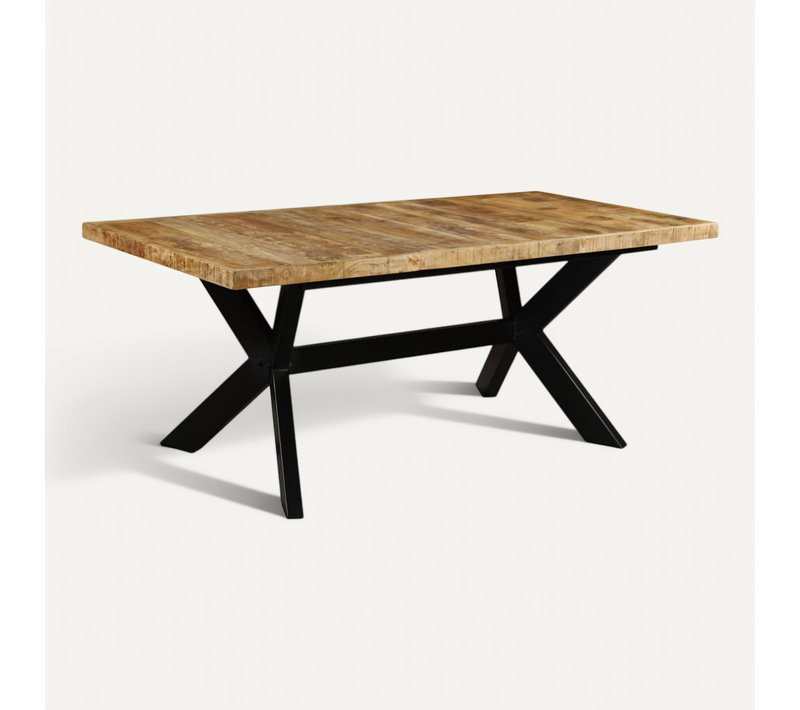 Table À Manger 180 Cm Bois De Manguier Massif Plateau Brut Avec Pieds Acier Croix