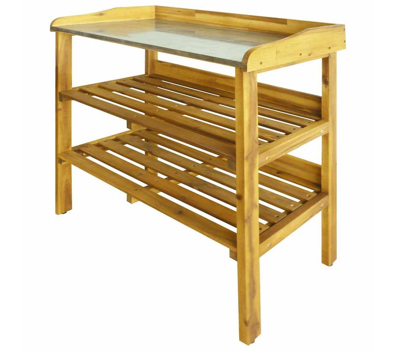 Table de rempotage Avec 2 Étagères Bois Massif D'acacia Et Zinc