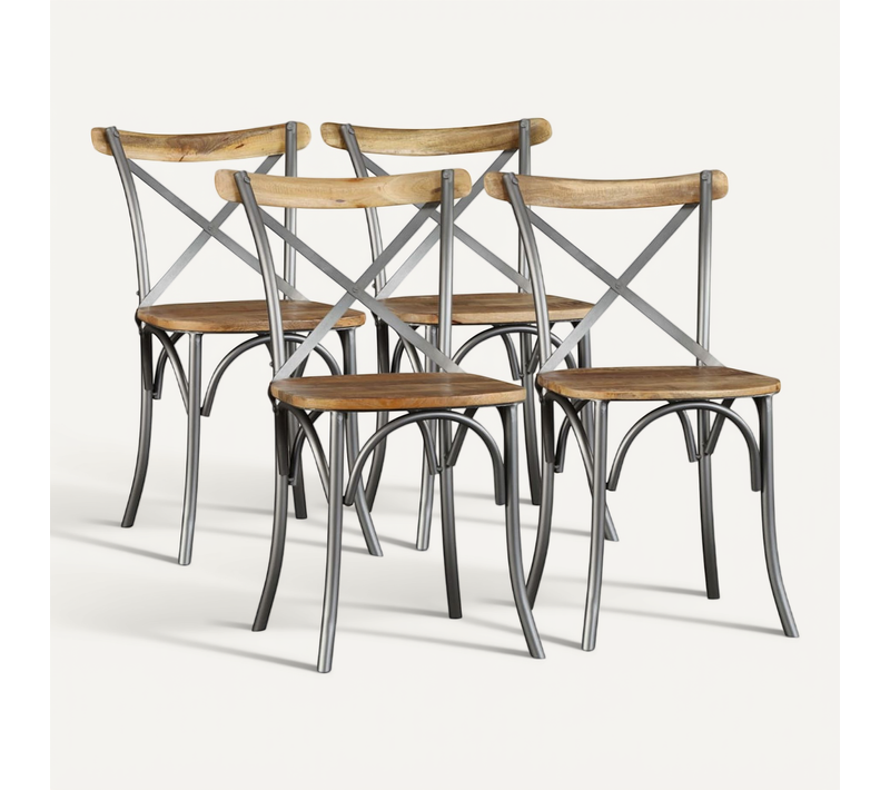 Lot De 4 Chaises À Manger Bois De Manguier Massif Et Acier Dossier Croisé