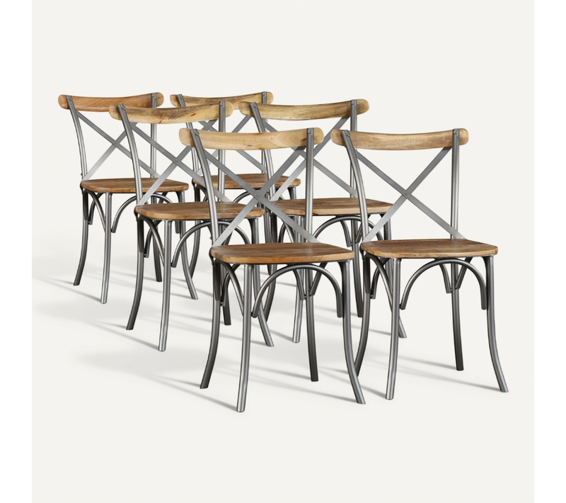 Lot De 6 Chaises À Manger Bois De Manguier Massif Et Acier Dossier Croisé