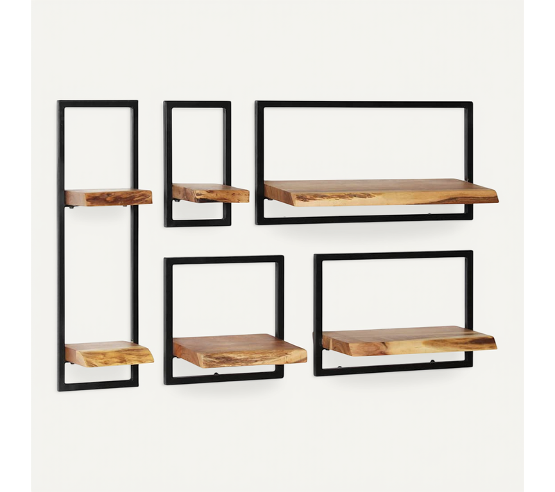 Lot 5 étagères Murales Bois Massif Acacia Acier Moderne 6 Tablettes