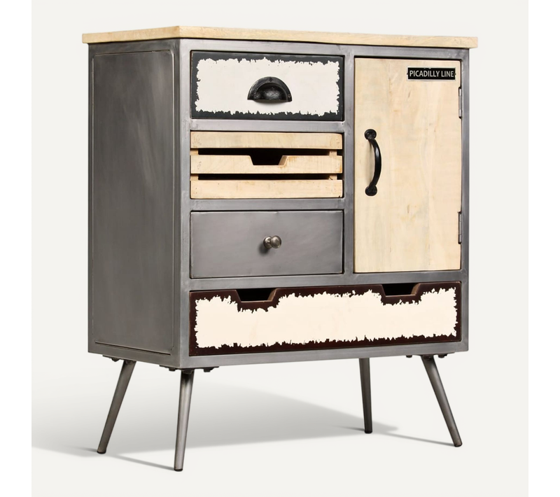 Buffet Bois De Manguier Massif Et Acier 65x33x76 Cm