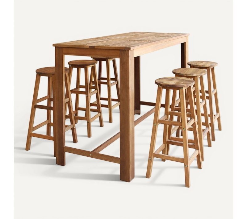 Lot De 7 Table Et Tabourets De Bar Bois Massif Acacia Huile 150x70x105 Cm