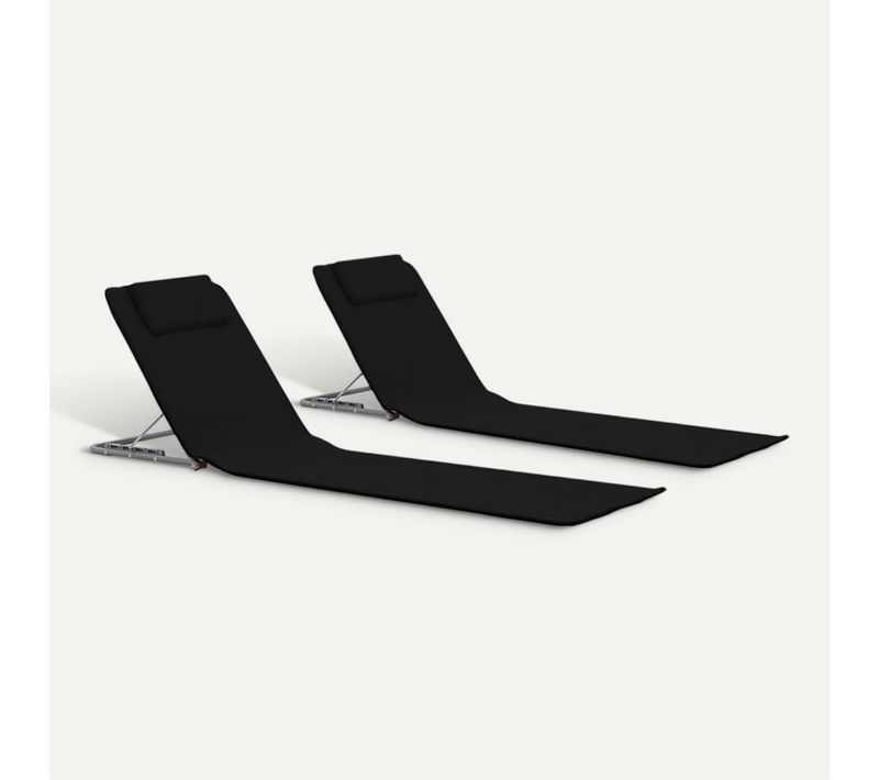 Vidaxllot De 2 Tapis Plage Pliants Têtière Pochette Rangement Acier Noir Pliable