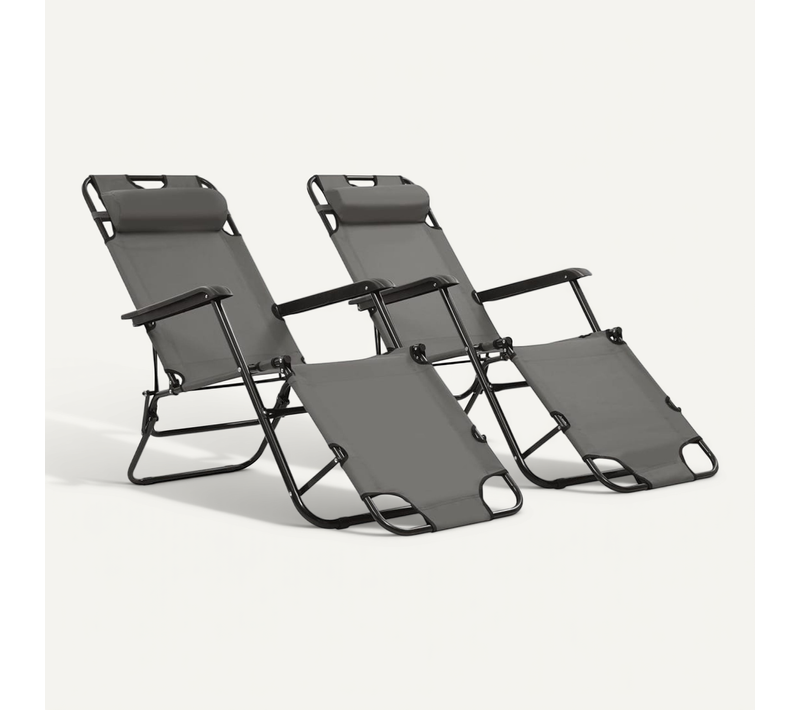 Chaises Longues Pliables 2 Pièces Avec Repose-pied Acier Gris Accoudoirs Réglables