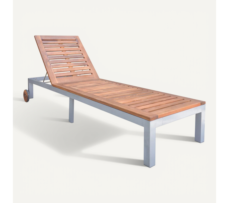 Chaise Longue En Bois D'acacia Solide Avec Dossier Ajustable Et Roues Bloquables 200x65x40 Cm
