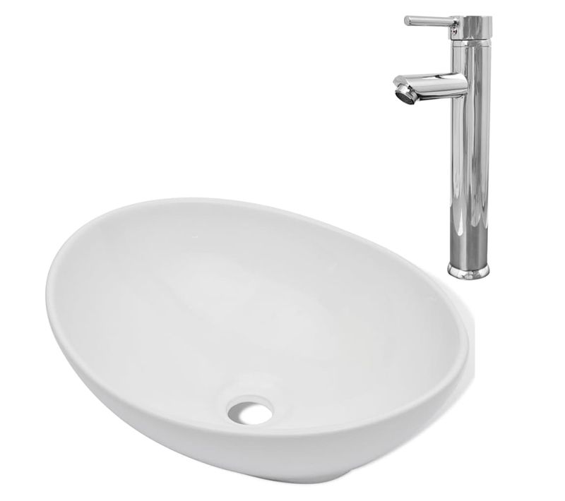 Lavabo De Salle De Bain Avec Mitigeur Céramique Ovale Blanc