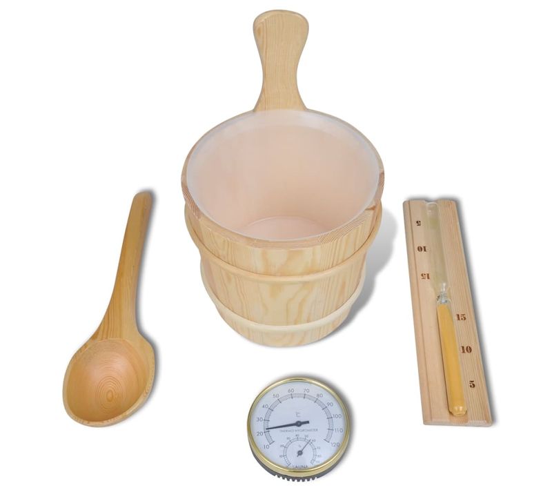 Ensemble Sauna 5 Pièces Seau En Bois Louche Minuteur 15 Min Sablier Thermo-hygromètre