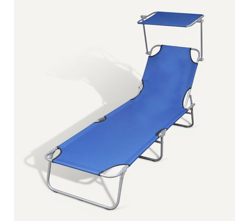 Chaise Longue Pliable Avec Auvent Acier Et Tissu Bleu Pliable