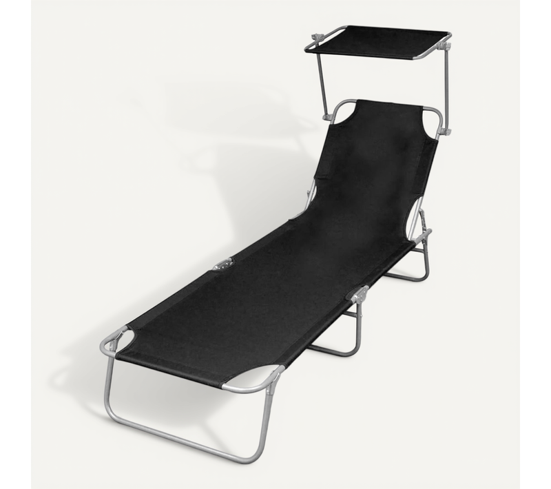 Chaise Longue Pliable Avec Auvent Acier Et Tissu Noir Pliable