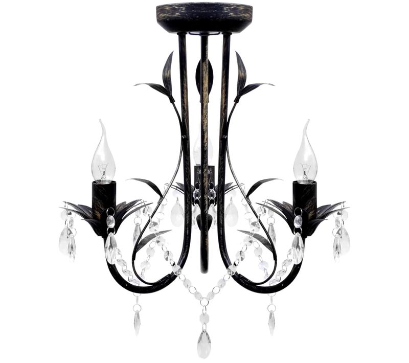 Lustre Métal Noir Style Art Nouveau + Perles Crystal 3 X E14 Ampoules