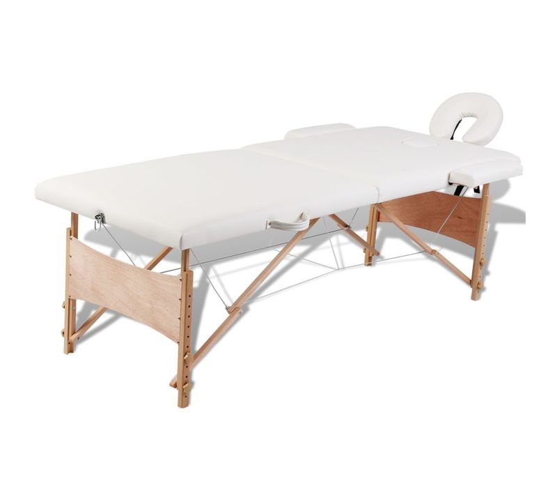 Table Pliable De Massage Blanc Crème 2 Zones Avec Cadre En Bois