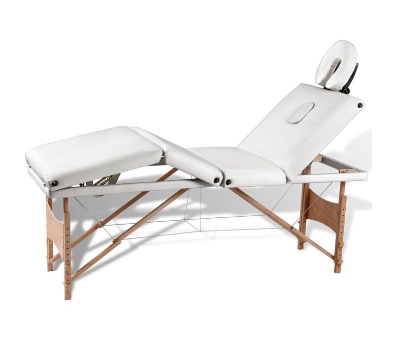Table Pliable De Massage Blanc Crème 4 Zones Avec Cadre En Bois