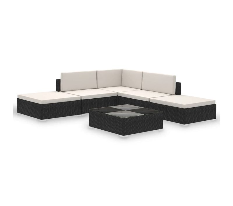 Salon de Jardin 6 pièces avec Coussins Résine Tressée Noir Mobilier Ensemble de Meubles Terrasse