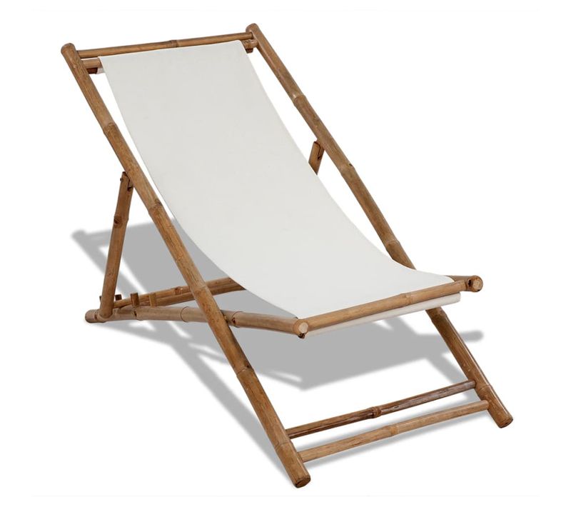 Chaise De Terrasse En Bambou Et Toile - 112x60x75 Cm - Blanc