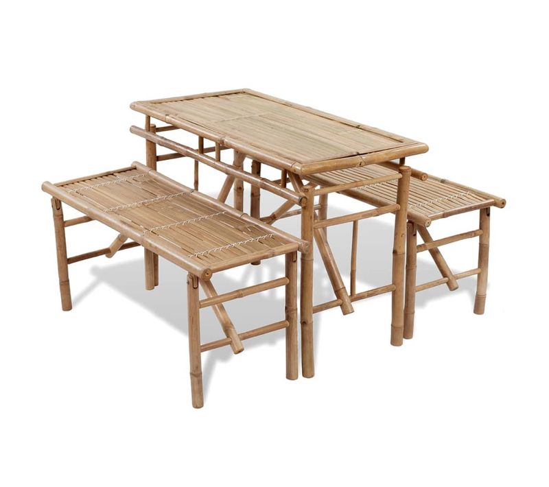 Table Avec 2 Bancs Pliables 100 Cm Bambou Salon Ensemble De Meubles Patio Terrasse Extérieur