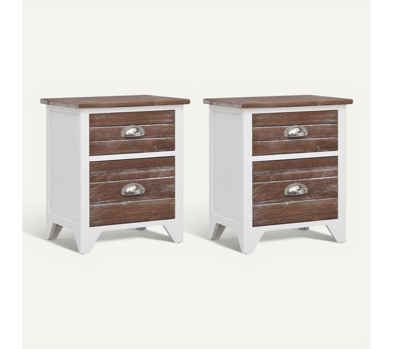 Table De Chevet 2 Pièces Avec 2 Tiroirs Marron Et Blanc