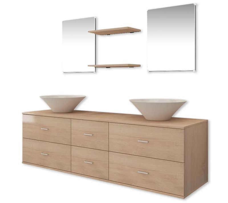 Mobilier De Salle De Bain Avec Lavabo 7 Pièces Beige