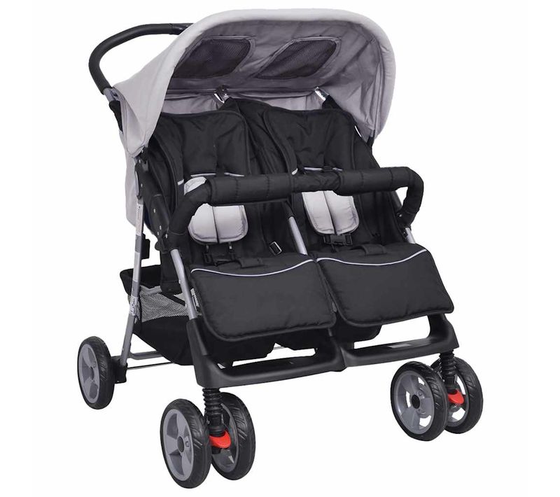 Poussette Double Bébé Acier Pliable Dossier Réglable Gris/noir