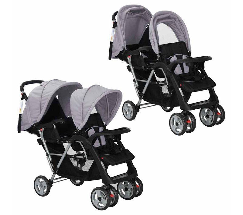 Poussette Tandem Bébé Pliable Panier Acier Gris/noir