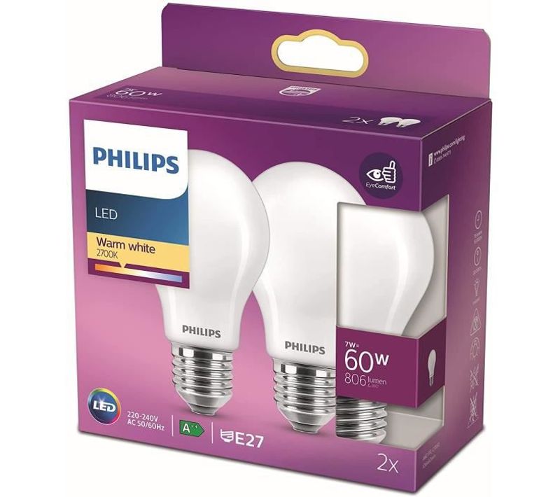 lot de 2 ampoules LED dépolie PHILIPS E27 forme standard