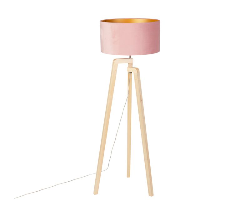 Lampadaire Tripode Bois Avec Abat-jour Velours Rose 50 Cm - Puros