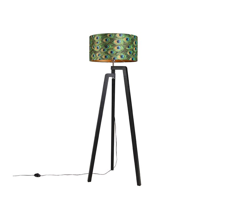 Lampadaire Trépied Noir Avec Abat-jour Paon Design 50 Cm - Puros