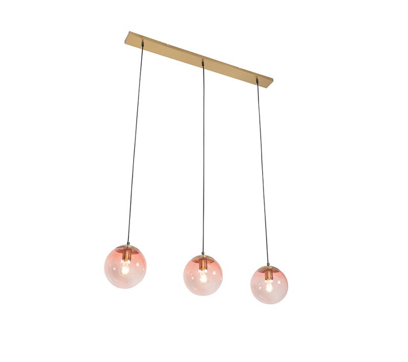 Suspension Art Déco En Laiton Avec Verre Rose 3 Lumières - Pallon