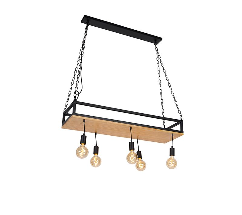 Suspension Industrielle Noire Avec Bois 5 Lumières - Shelf